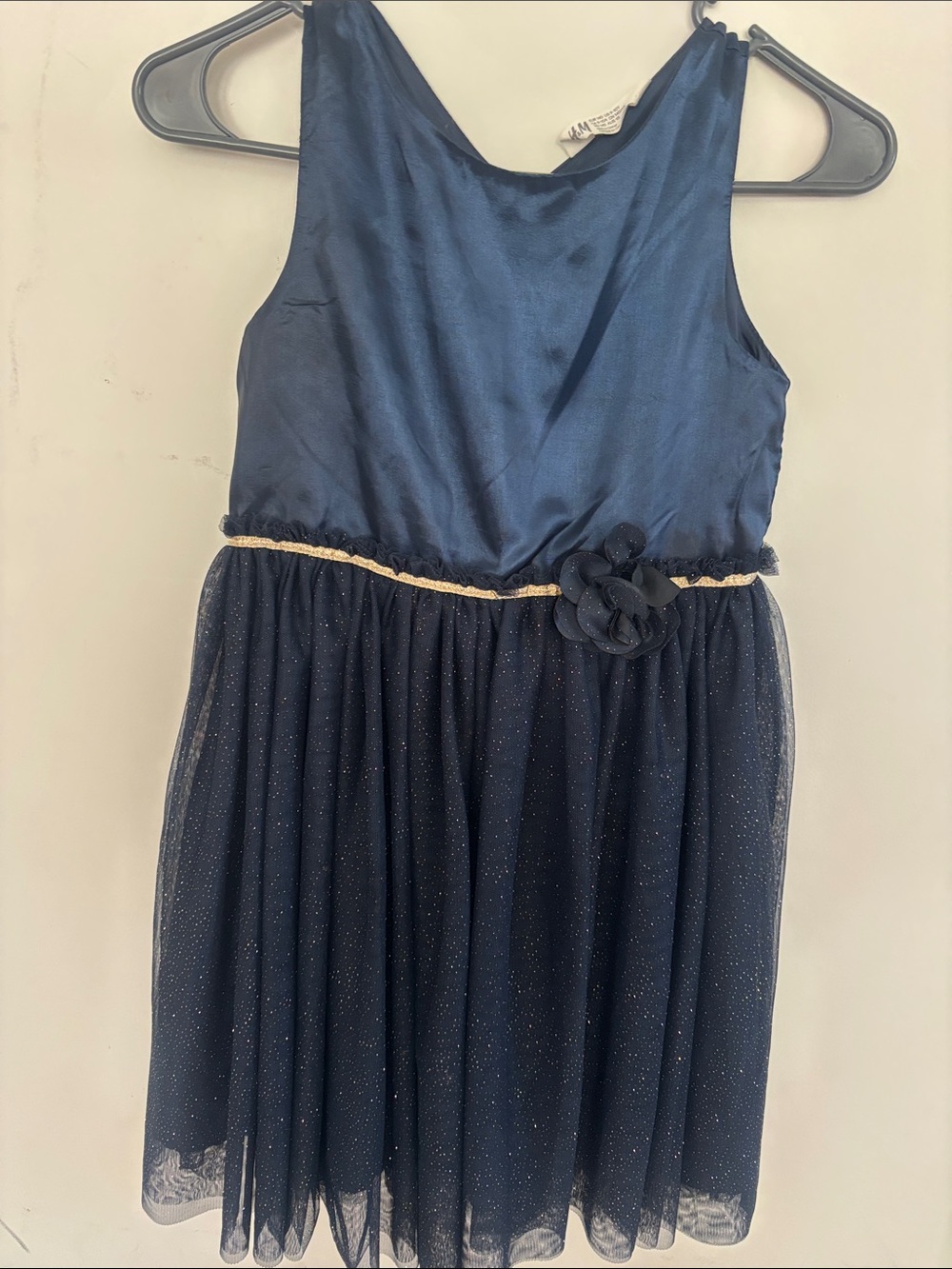 H&M girls Navy Sparkle Tulle Party Dress with Gold Waist Trim
